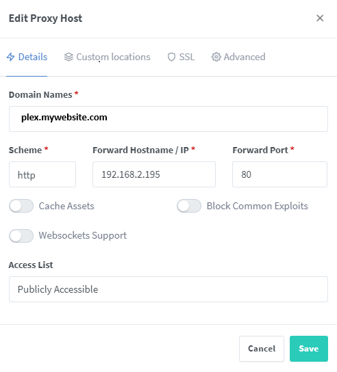 NGINX Proxy Manager Add Proxy Host dialog showing the Details tab with domain and forward settings