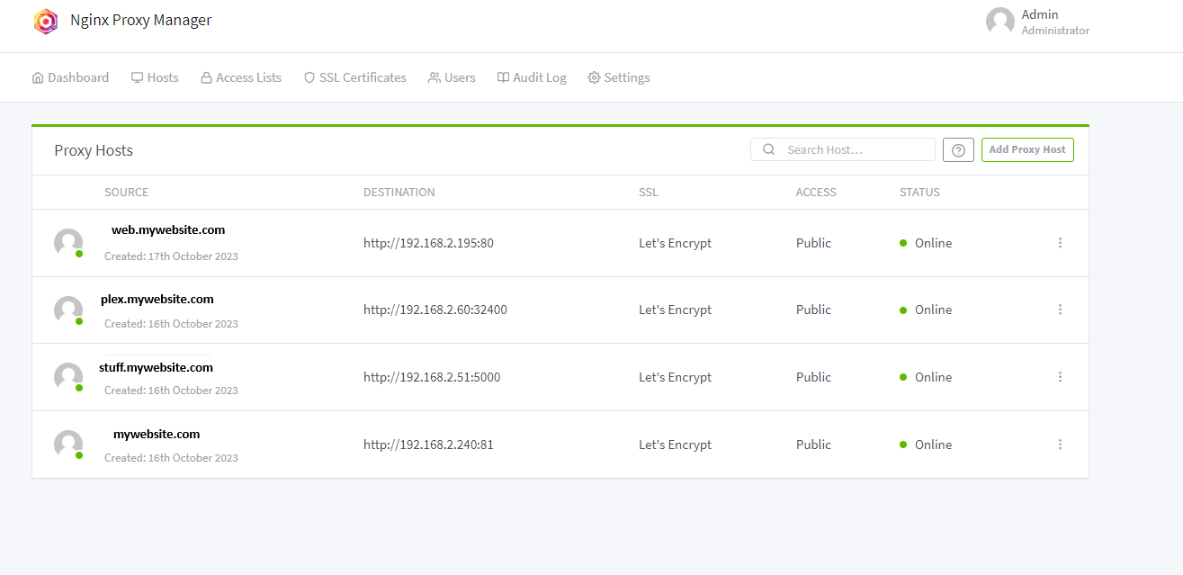 NGINX Proxy Manager hosts list showing multiple subdomains mapped to local network services