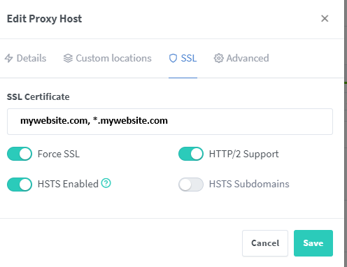 NGINX Proxy Manager proxy host SSL tab with the wildcard Let's Encrypt certificate selected