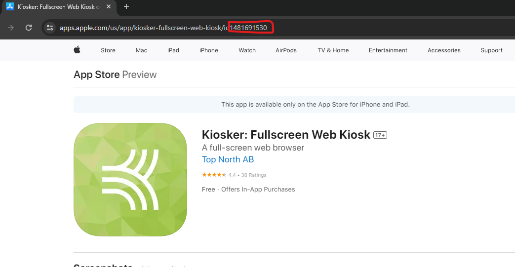Browser address bar showing the App Store URL with the numeric app ID highlighted