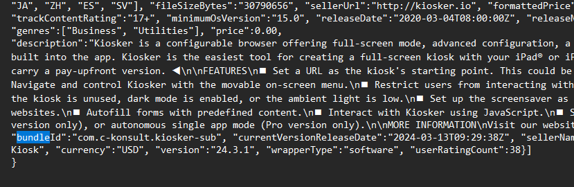 iTunes lookup JSON response with the app's bundleId field visible