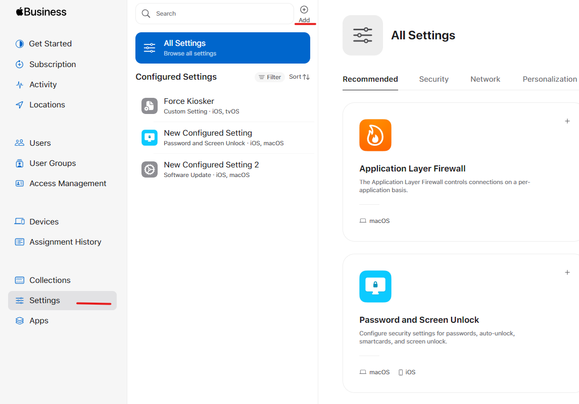 Apple Business Manager Settings page with the Add configuration button