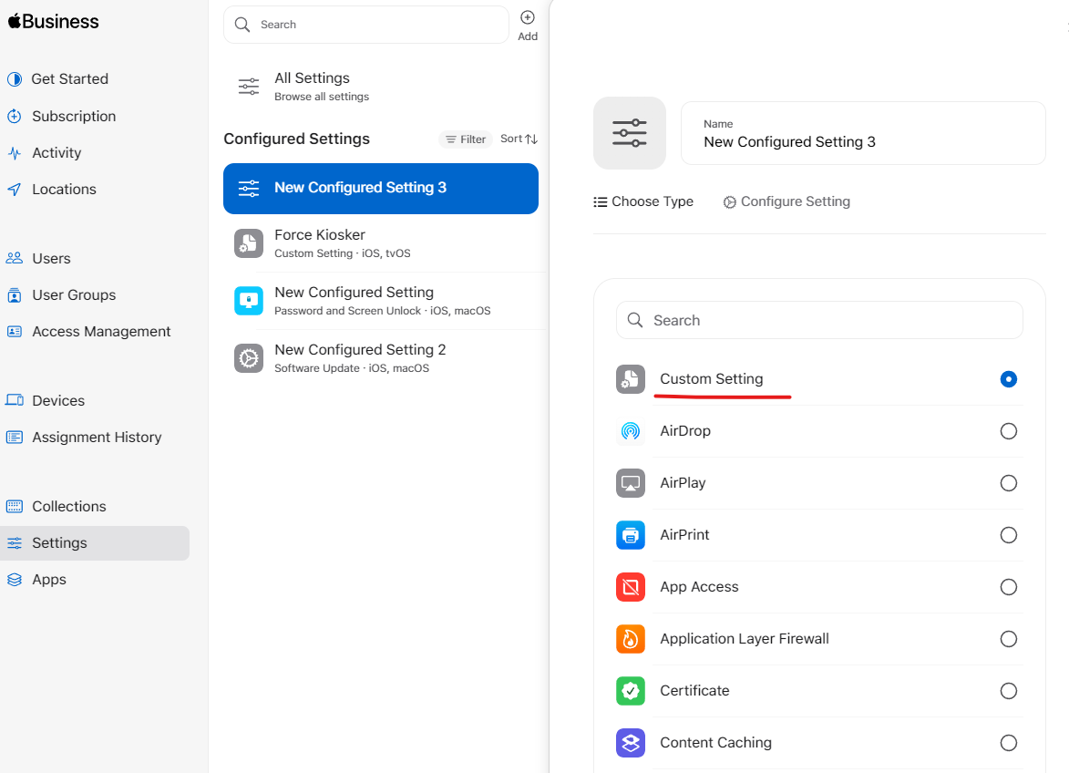 Apple Business Manager dialog with the Custom Setting option selected