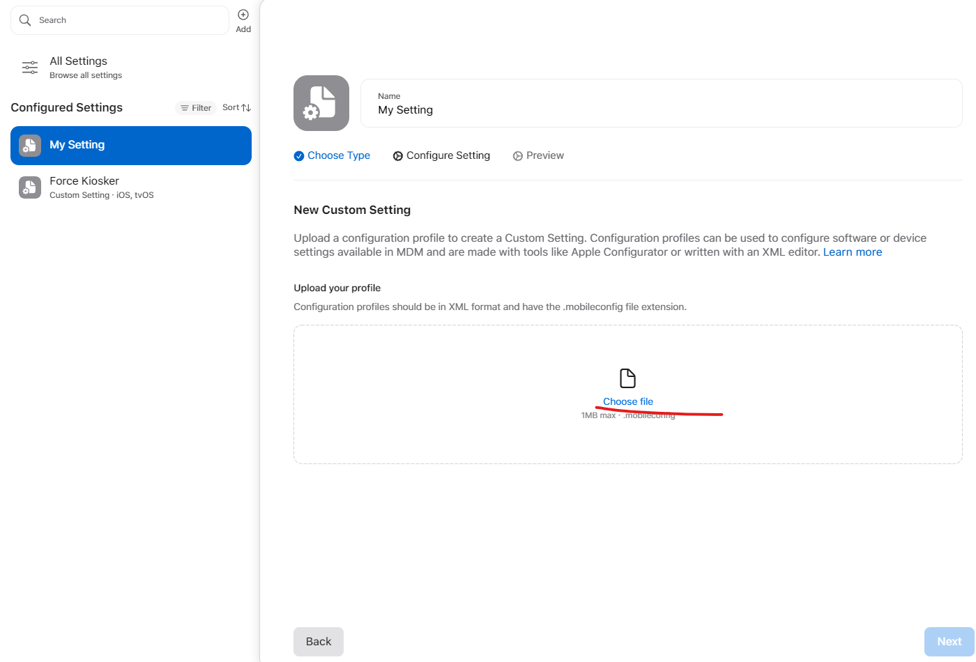 Upload dialog for adding the applock.mobileconfig file to Apple Business Manager