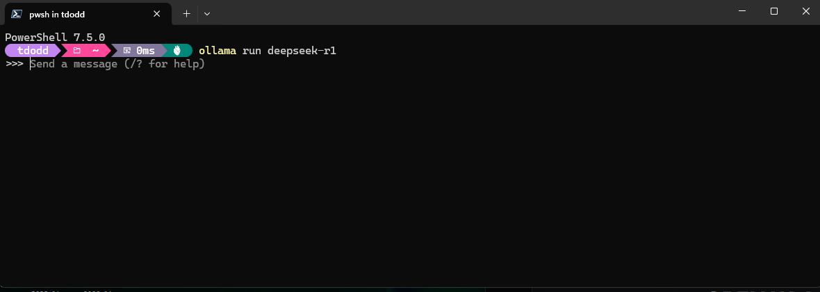 PowerShell terminal showing DeepSeek-R1 running interactively via the ollama run command