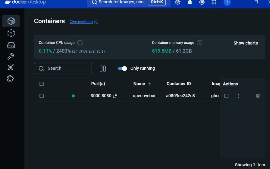 Docker Desktop showing the open-webui container running after the docker run command