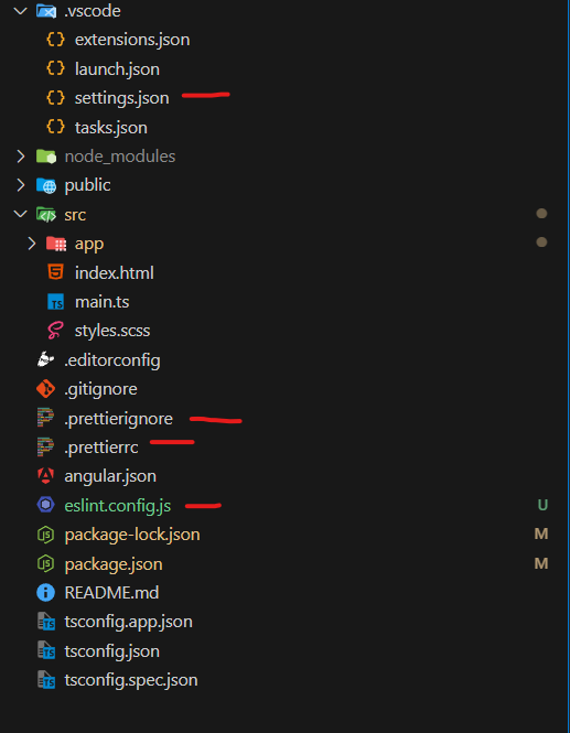 VS Code file explorer showing eslint.config.js and .prettierrc in the Angular project root