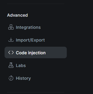Ghost settings page showing the Advanced section with Code Injection selected