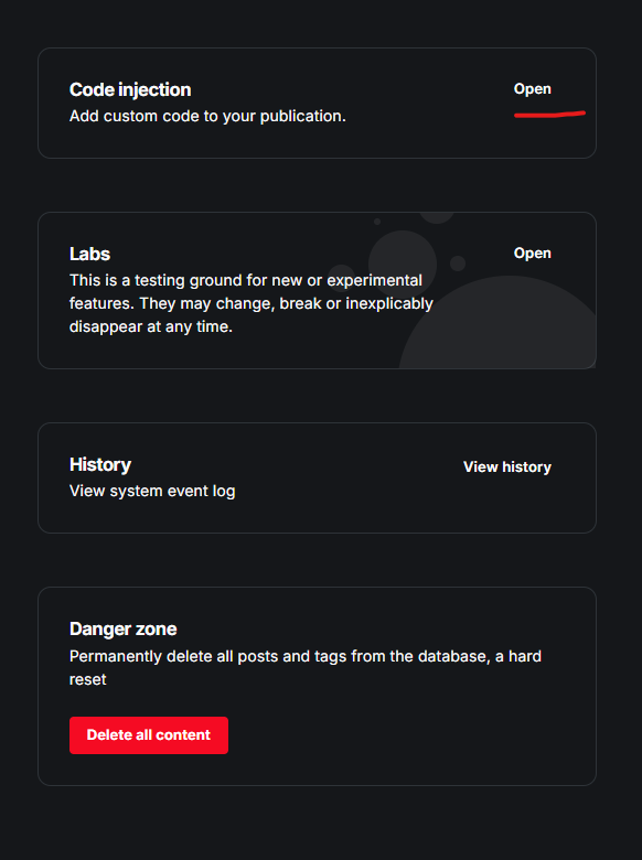Ghost Code Injection panel with Site Header and Site Footer text fields open