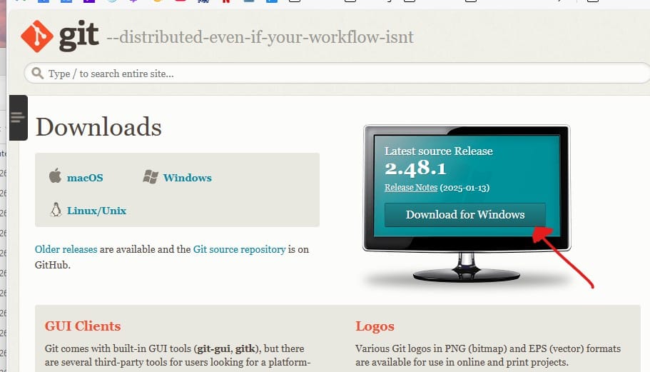 Git for Windows download page in a browser