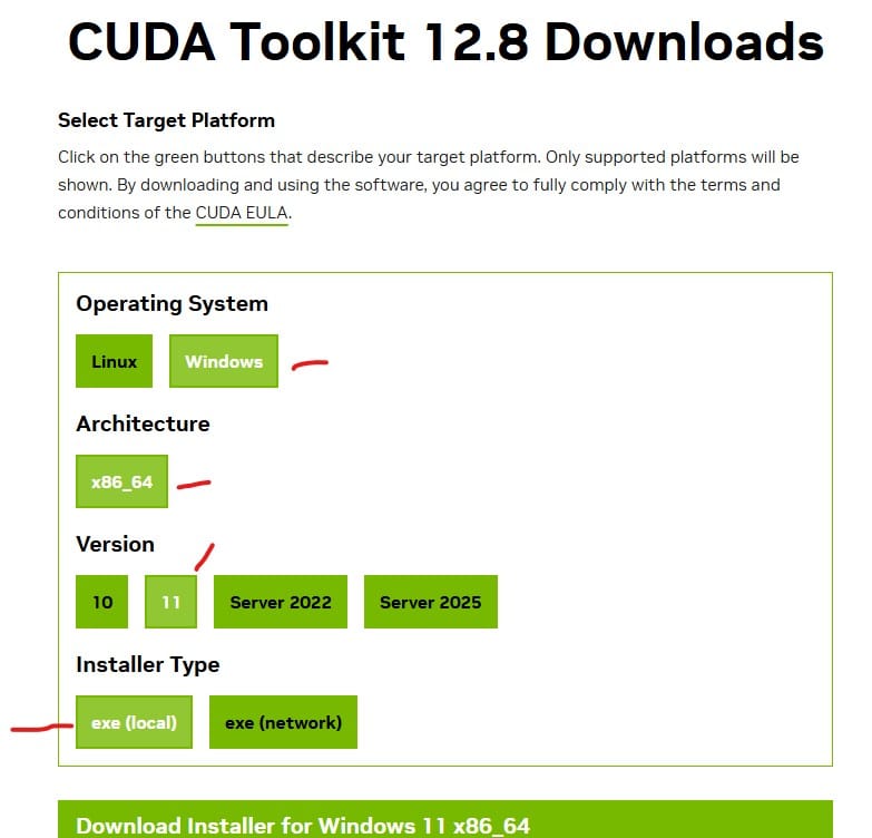 NVIDIA CUDA Toolkit download page for installing GPU acceleration on Windows
