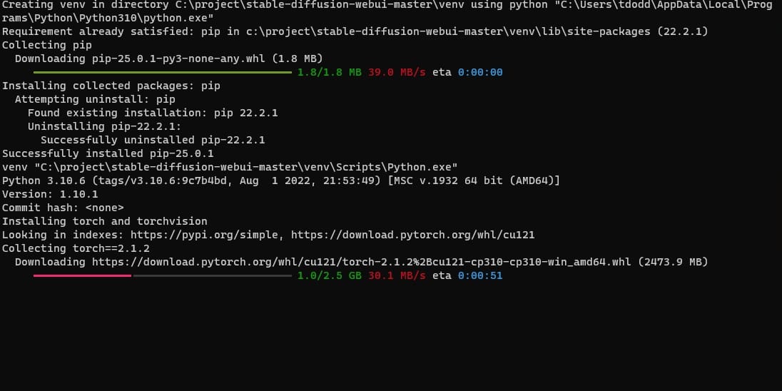 Command window showing webui-user.bat downloading PyTorch and other dependencies