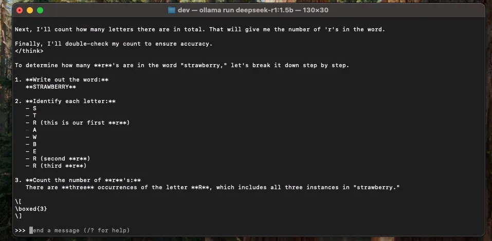 DeepSeek-R1 answering the strawberry question in the Ollama terminal session