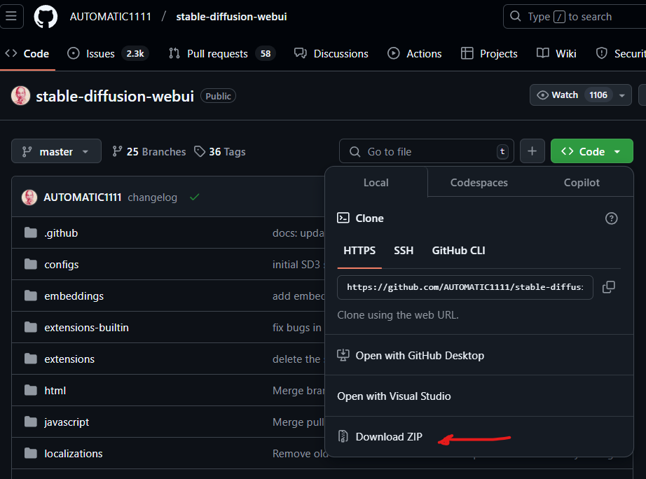 Extracted Stable Diffusion WebUI files in a Windows folder under C:rojects