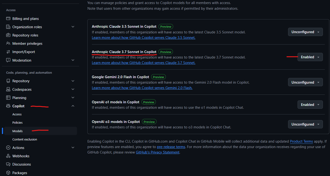 GitHub organization Copilot settings showing the Models page