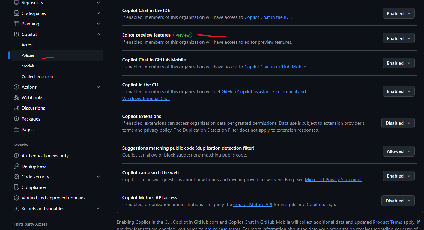 GitHub Copilot policies page with the Editor Preview Features toggle enabled
