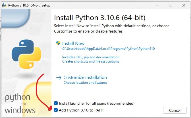 Python 3.10.6 Windows installer with the Add Python to PATH option checked