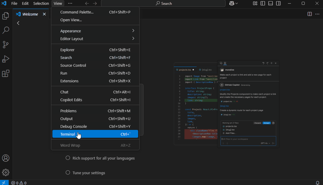 VS Code with its integrated terminal panel open at the bottom of the editor