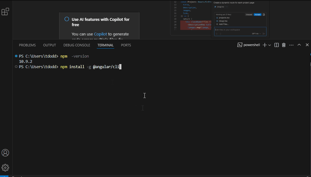 Terminal output as npm installs the Angular CLI globally