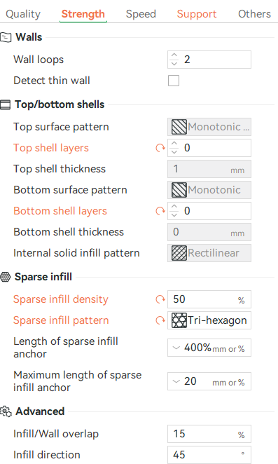 Bambu Slicer Strength tab with Top and Bottom Shell Layers set to 0