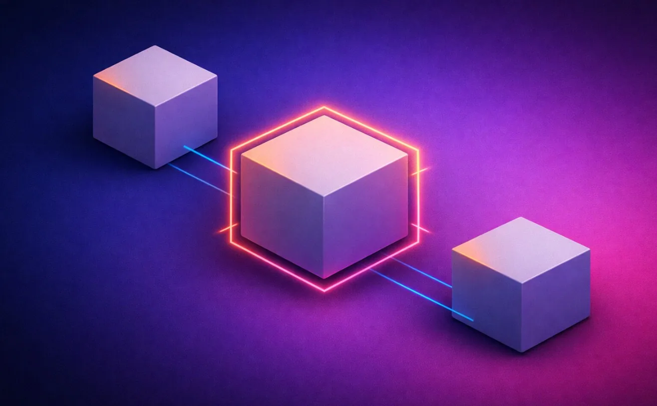 Abstract illustration of three K3s cluster nodes with one mid-resize, on the RoboDodd gradient