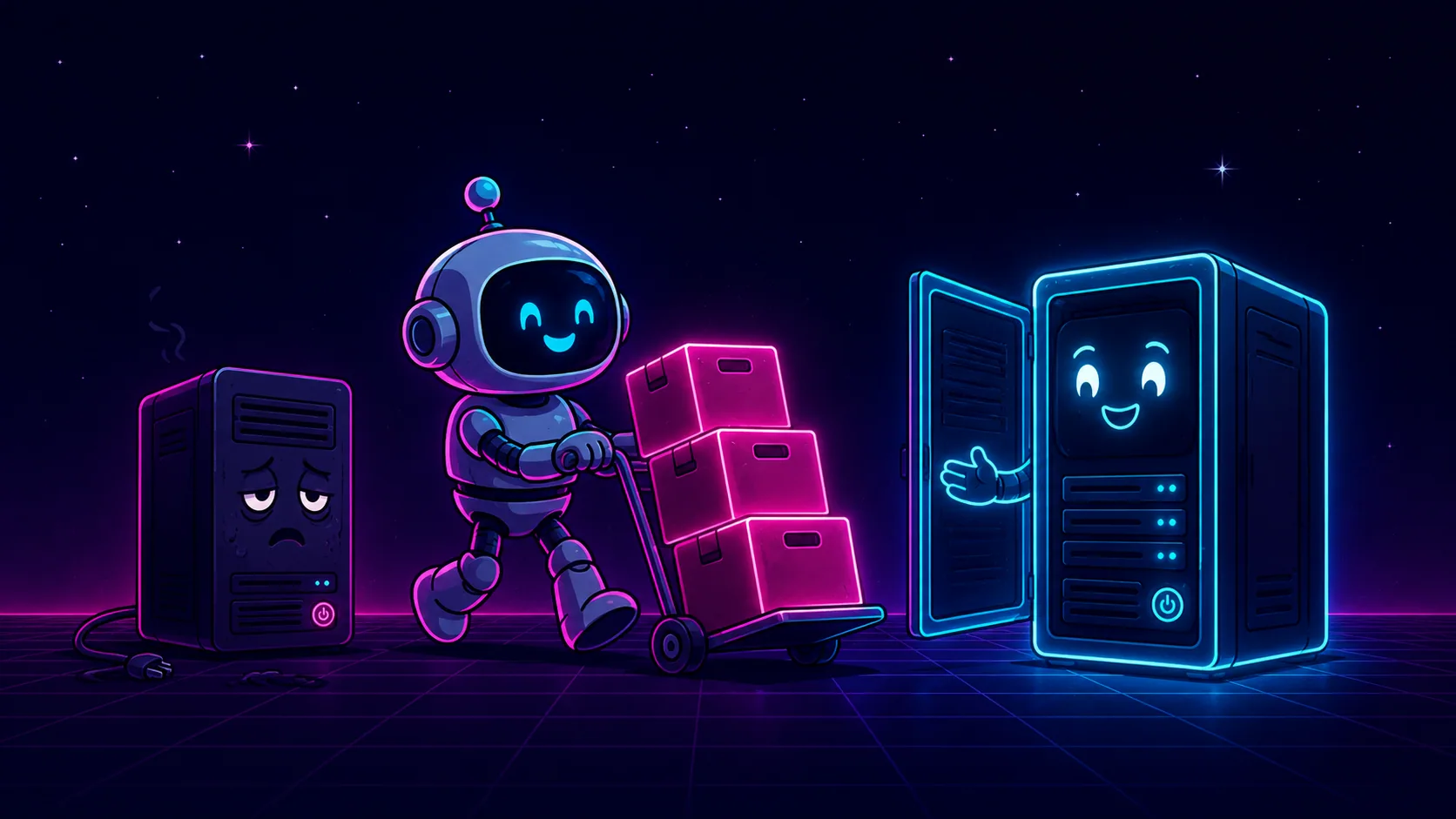 Cartoon neon robot wheeling glowing crates of data from an old server tower to a new one
