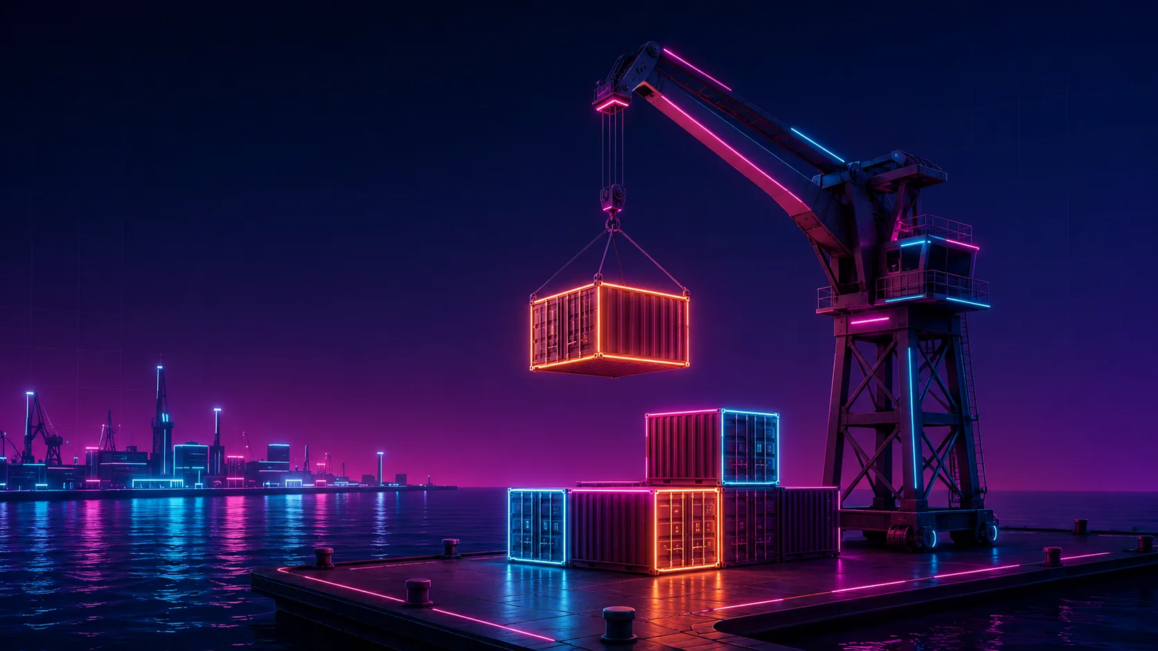 Neon isometric harbor crane lifting a glowing shipping container onto a stack at a dark synthwave dock