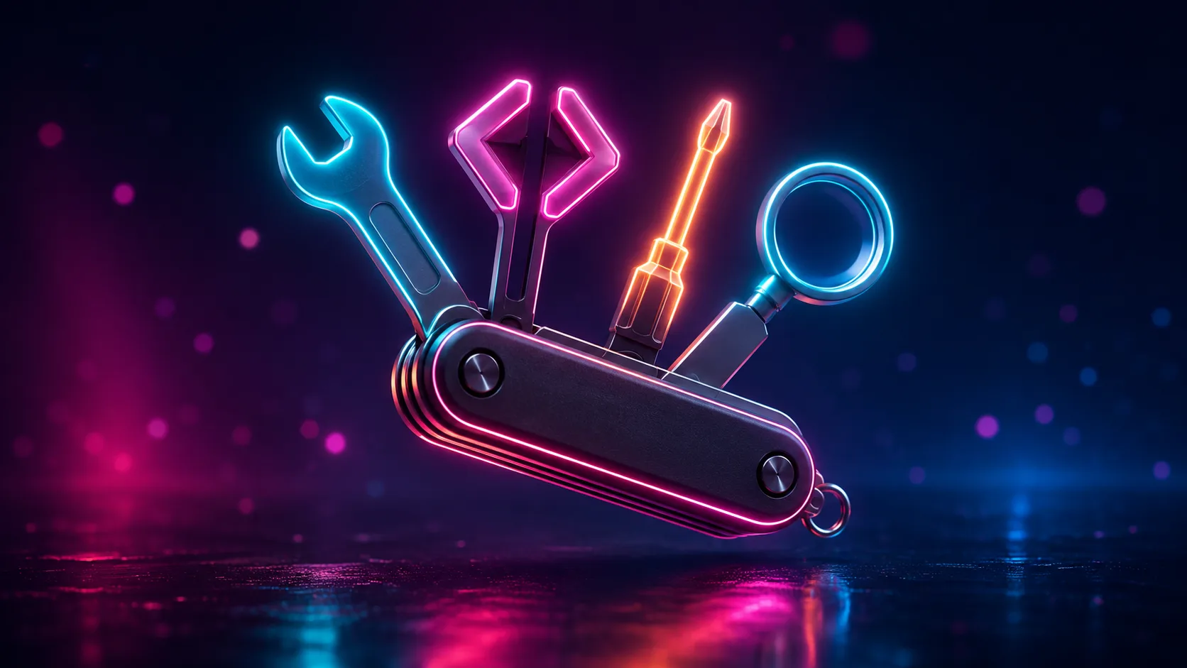 Neon Swiss army knife with glowing developer tools — cyan wrench, magenta code brackets, orange screwdriver, and magnifying glass — on a dark navy background
