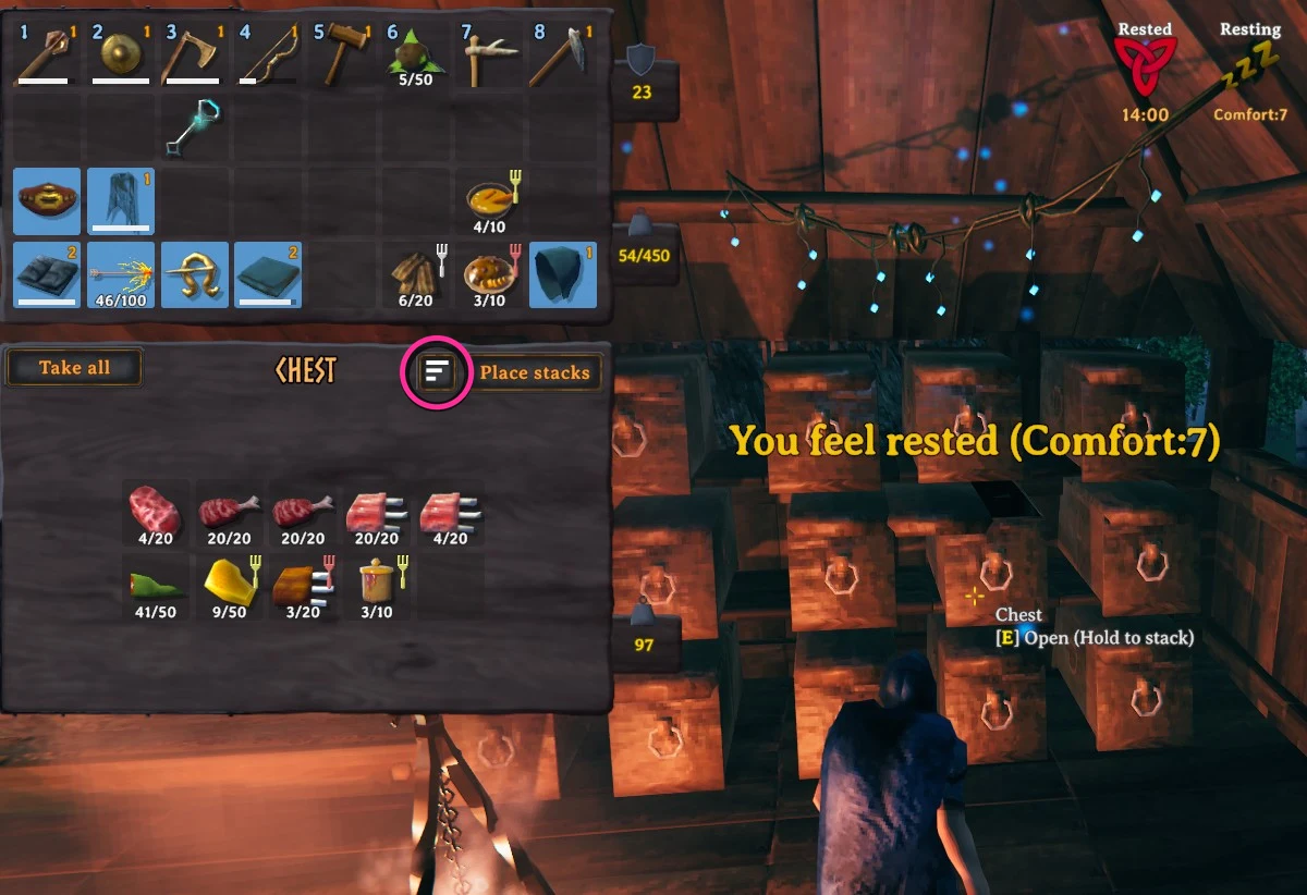 The Tidy button, circled, sits just left of Place stacks in the chest window