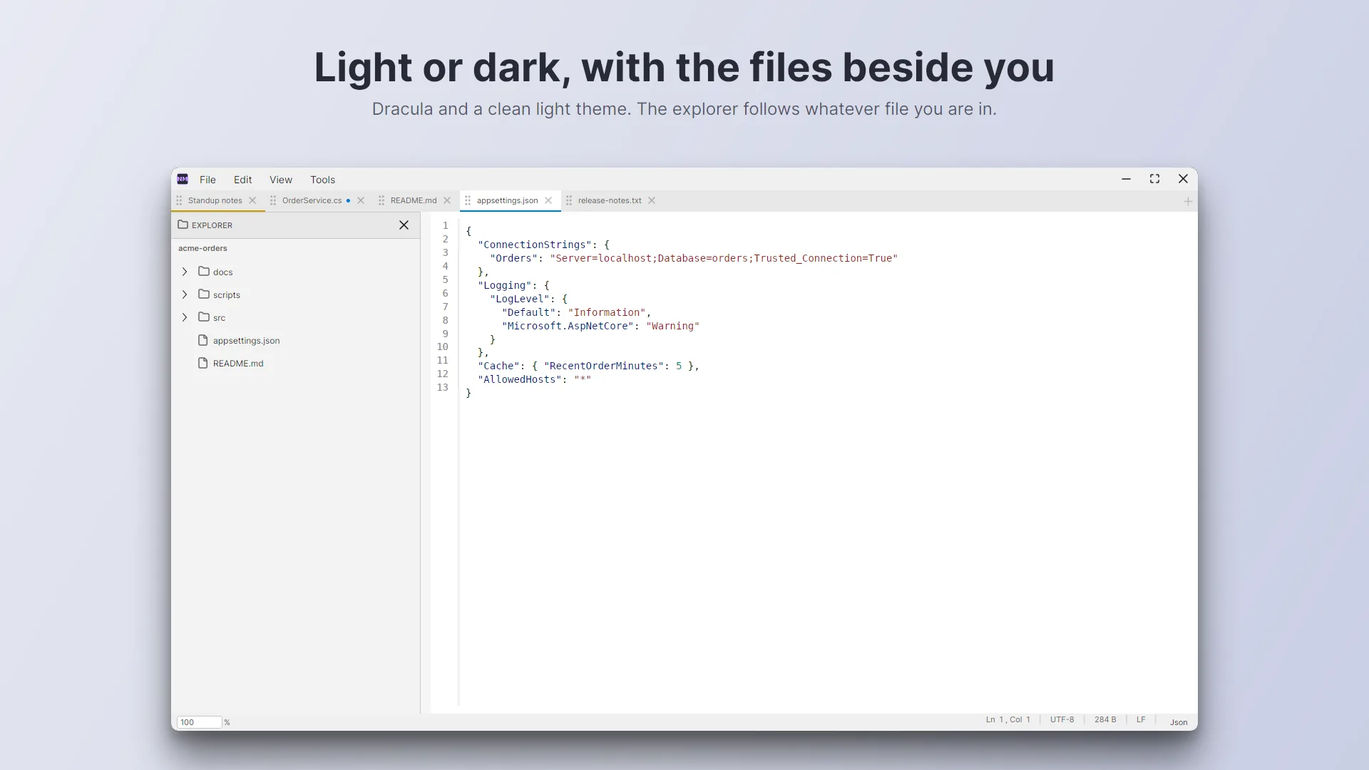 NoteMode in the light theme with the explorer panel showing the project folder and a JSON file open