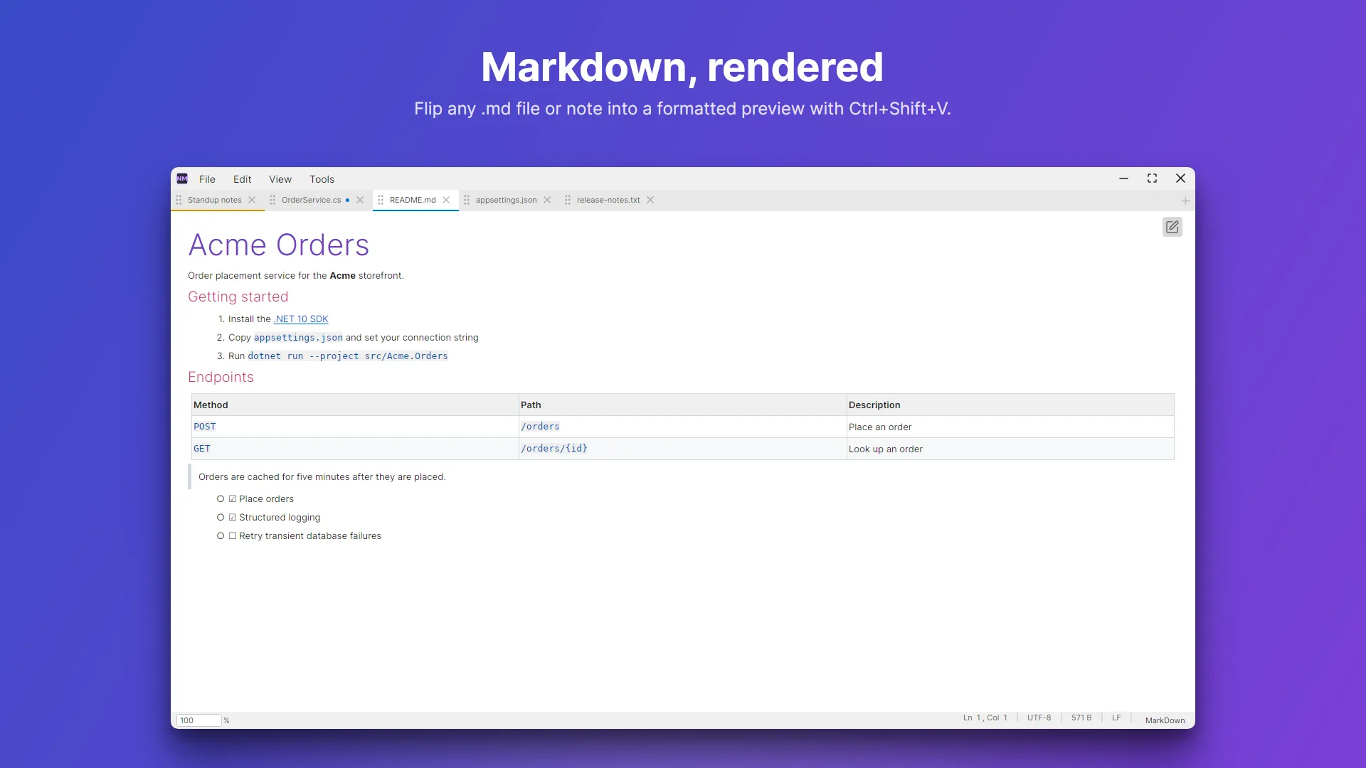 Rendered Markdown preview of a README with headings, a numbered list, a table and a task list in the light theme