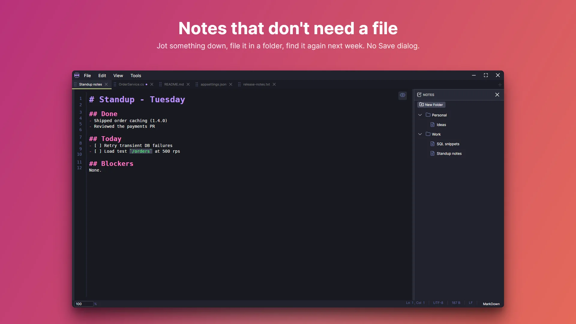 NoteMode with the notes panel open, showing Personal and Work folders and a Markdown standup note in the editor