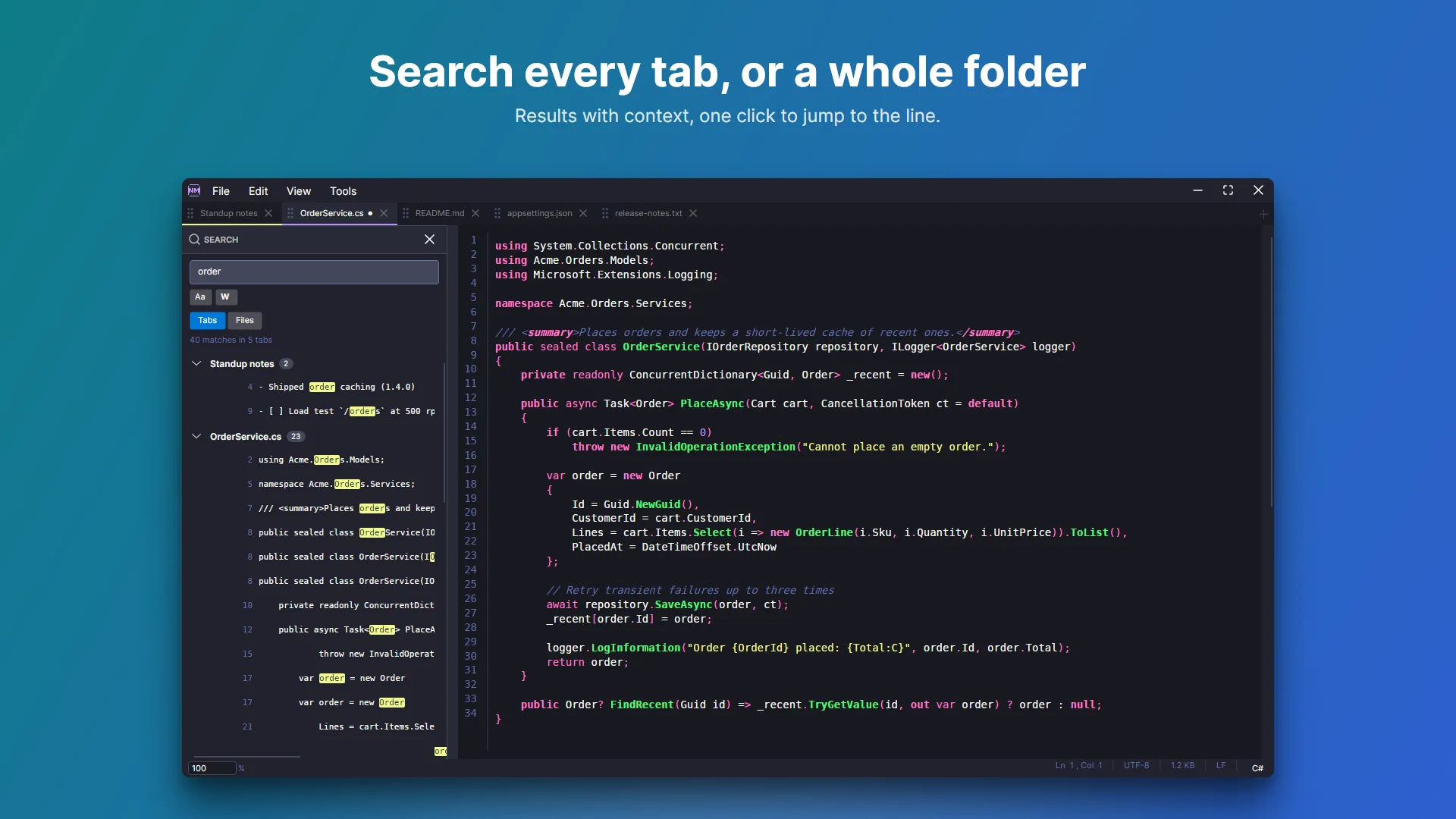 NoteMode search panel listing matches for the word order across open tabs, grouped by file with line numbers