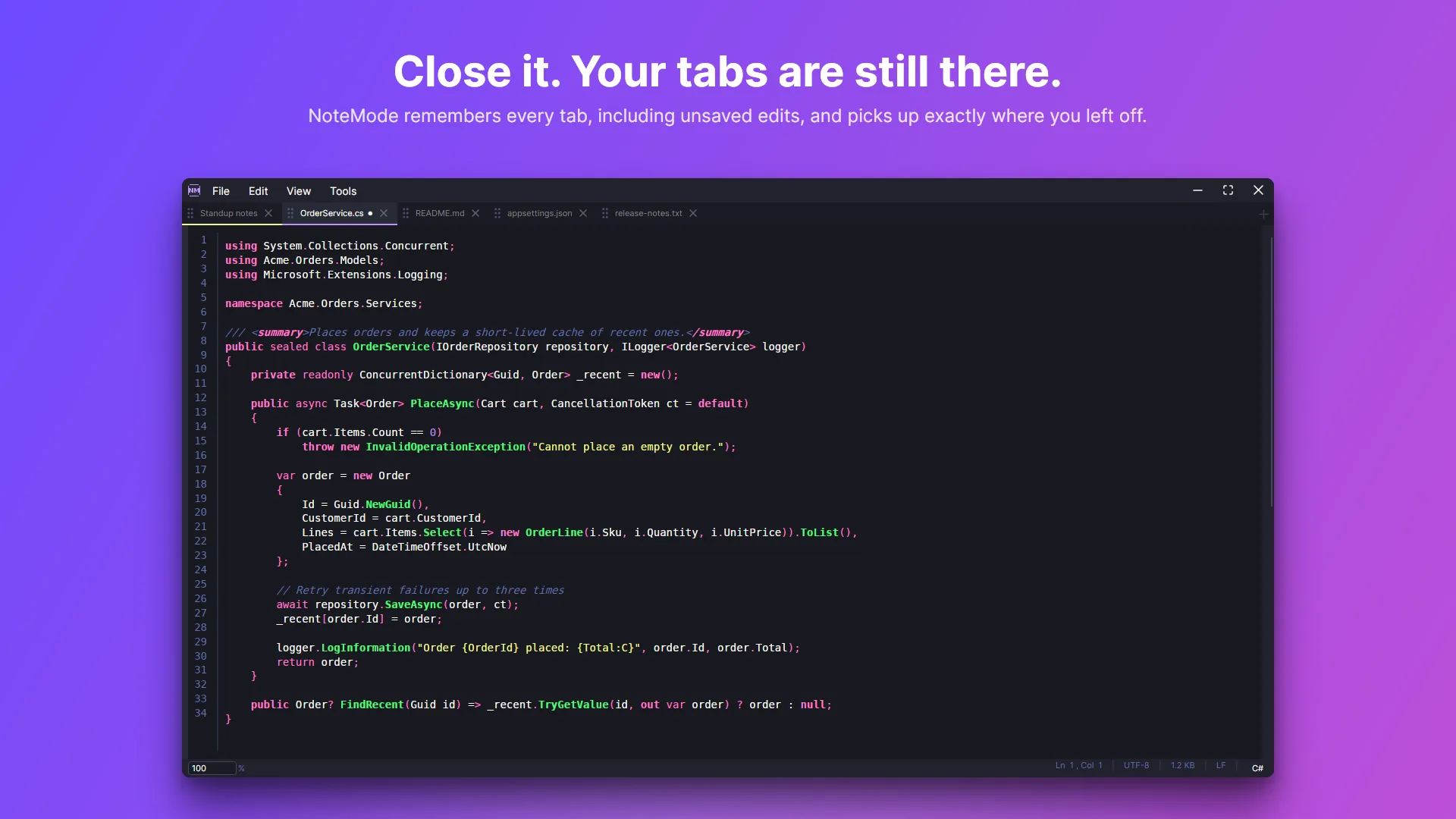 NoteMode in the Dracula dark theme with several open tabs, a C# file with syntax highlighting and an unsaved-changes dot on its tab