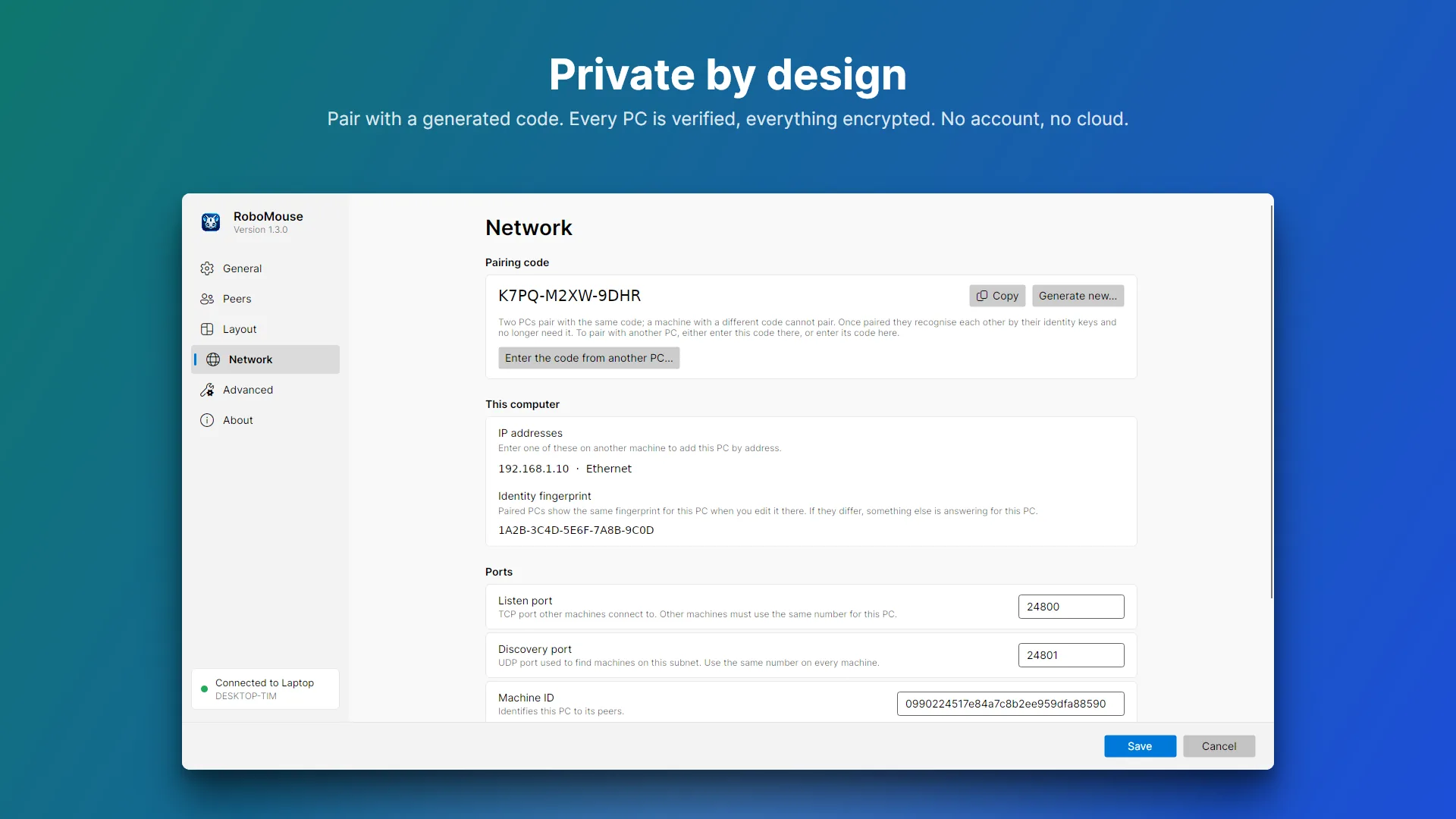 Private by design: pairing code and identity fingerprint