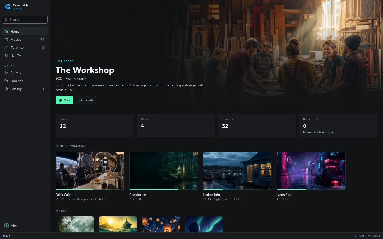 Couchside's home page: the newest title, library counts and Continue Watching